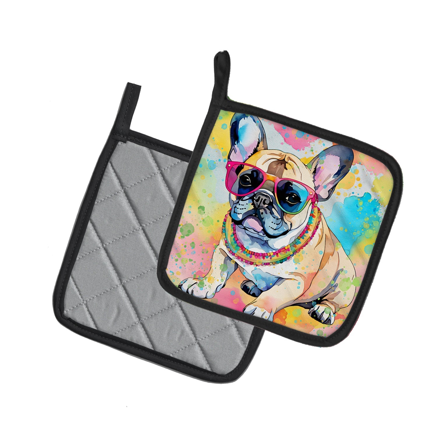 French Bulldog Hippie Dawg Pot Holder Set of 2 Heat Resistant Quilted Hot Pads 7.5 x 7.5 Inch, Insulated Kitchen Trivets for Cooking & Baking
