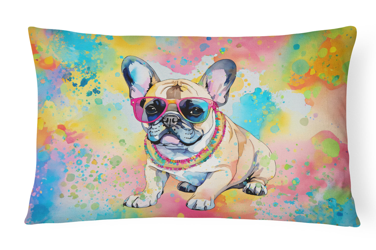 French Bulldog Hippie Dawg Decorative Throw Pillow 12x16 Indoor Outdoor Accent Cushion, Fabric Cover with Insert for Sofa, Bed, Porch & Living Room