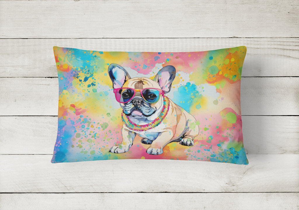 French Bulldog Hippie Dawg Decorative Throw Pillow 12x16 Indoor Outdoor Accent Cushion, Fabric Cover with Insert for Sofa, Bed, Porch & Living Room