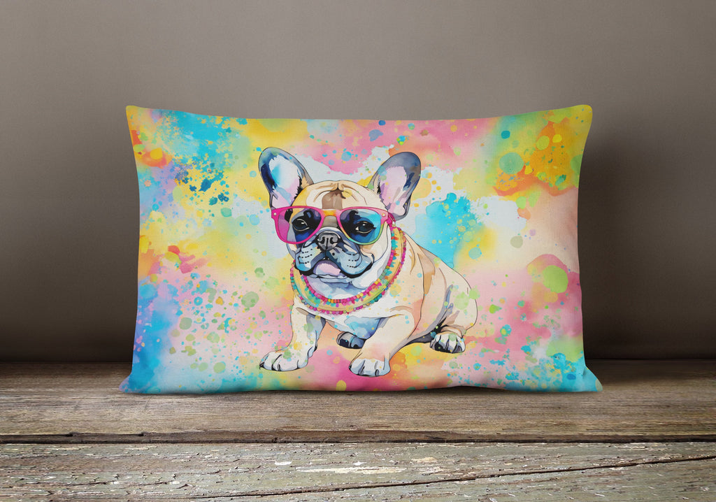 French Bulldog Hippie Dawg Decorative Throw Pillow 12x16 Indoor Outdoor Accent Cushion, Fabric Cover with Insert for Sofa, Bed, Porch & Living Room