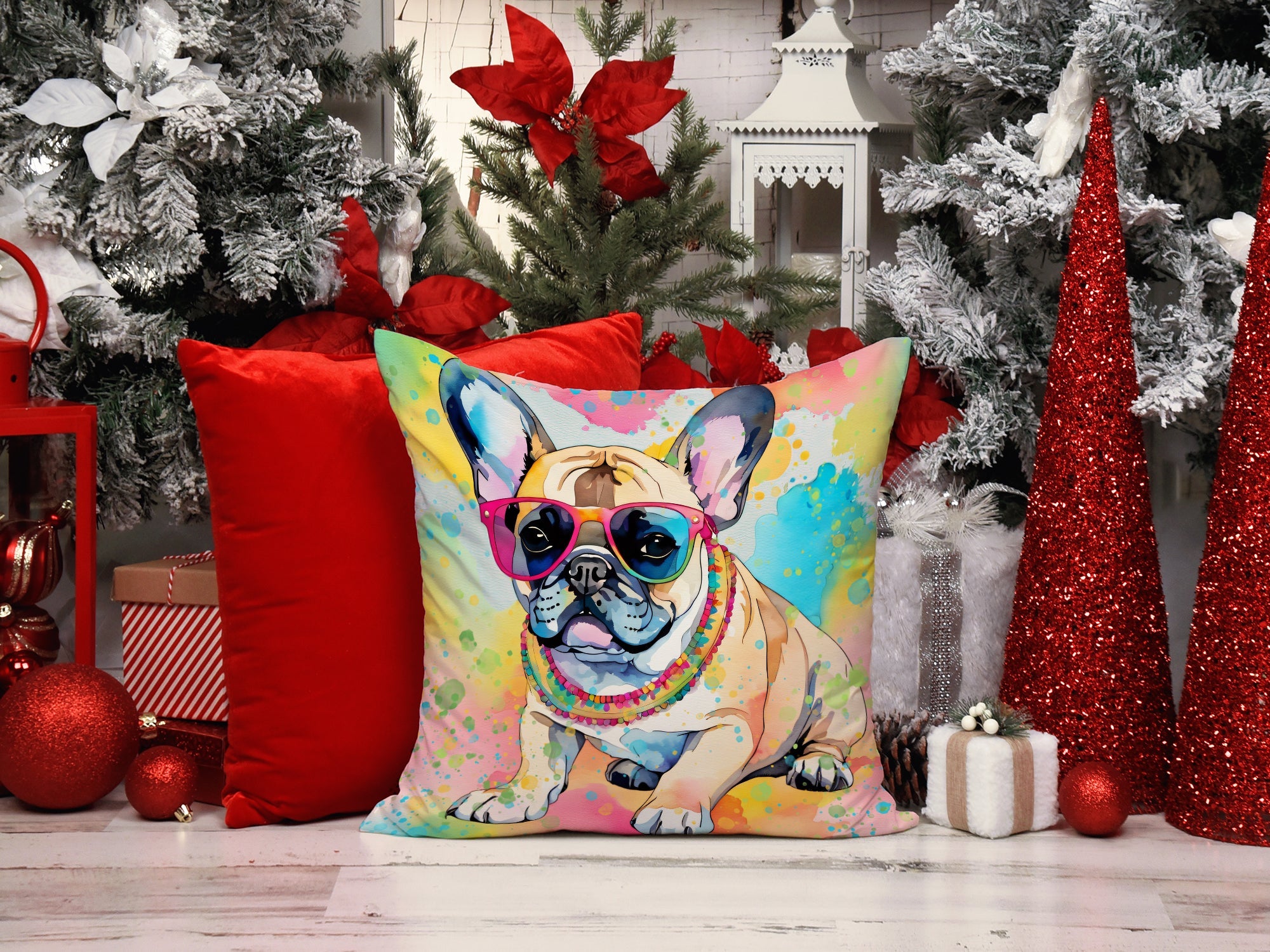 French Bulldog Hippie Dawg Decorative Throw Pillow 14x14 Indoor Outdoor Accent Cushion, Fabric Cover with Insert for Sofa, Bed, Porch & Living Room