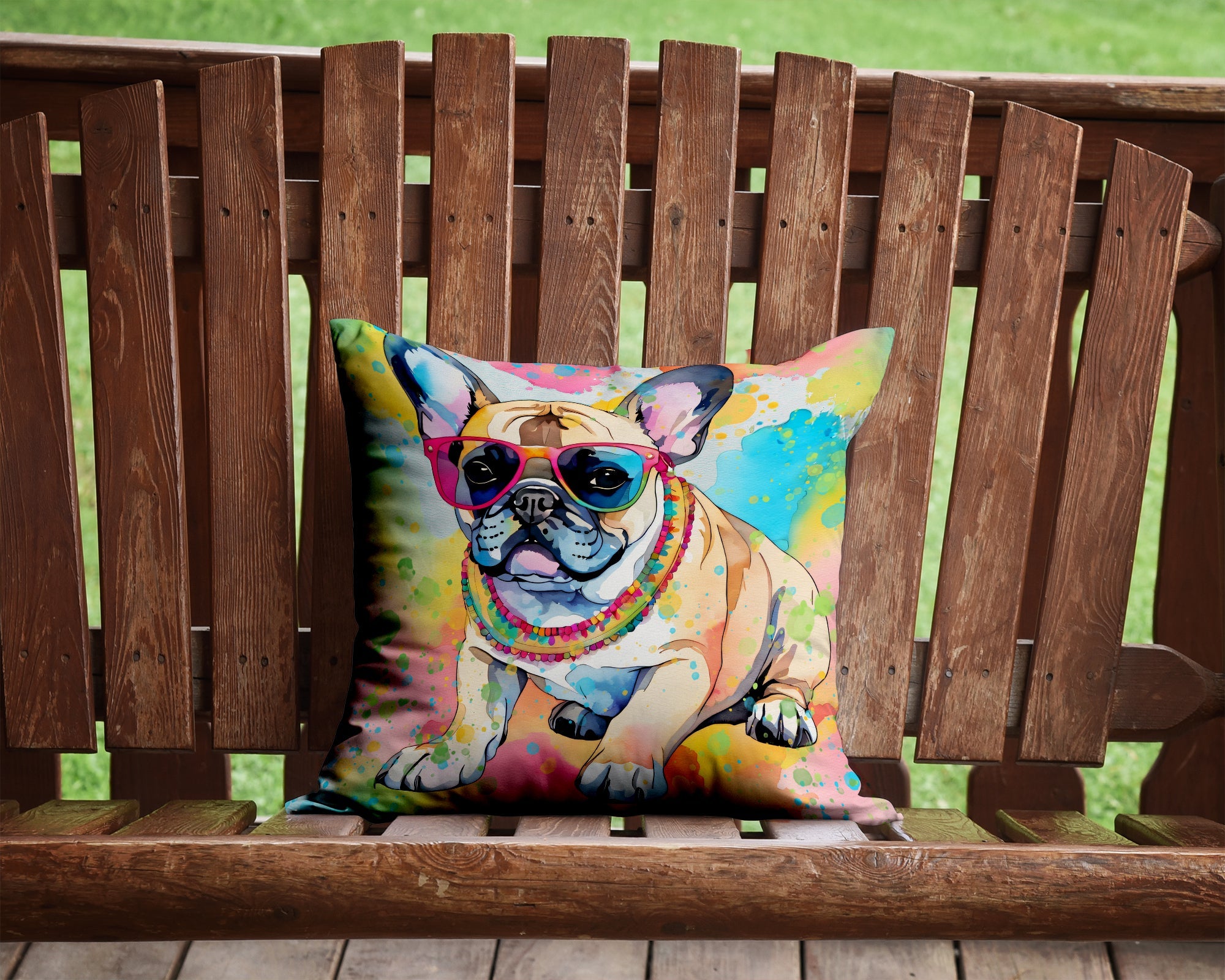 French Bulldog Hippie Dawg Decorative Throw Pillow 14x14 Indoor Outdoor Accent Cushion, Fabric Cover with Insert for Sofa, Bed, Porch & Living Room