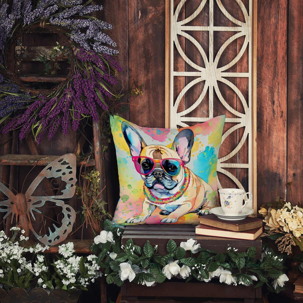French Bulldog Hippie Dawg Decorative Throw Pillow 18x18 Indoor Outdoor Accent Cushion, Fabric Cover with Insert for Sofa, Bed, Porch & Living Room