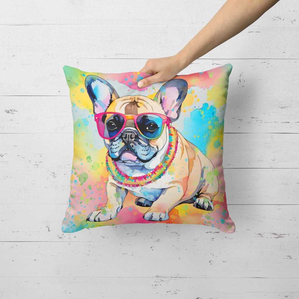 French Bulldog Hippie Dawg Decorative Throw Pillow 18x18 Indoor Outdoor Accent Cushion, Fabric Cover with Insert for Sofa, Bed, Porch & Living Room