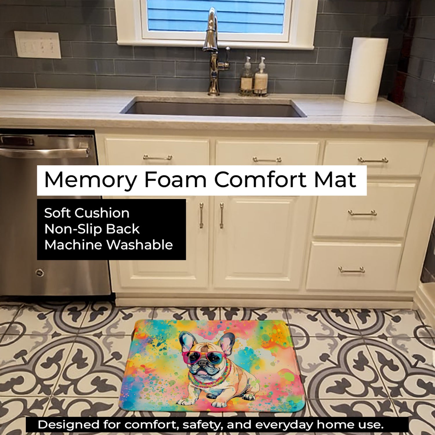 French Bulldog Hippie Dawg Memory Foam Kitchen Mat Machine Washable Anti-Fatigue Cushion Comfort Bath or Kitchen Rug