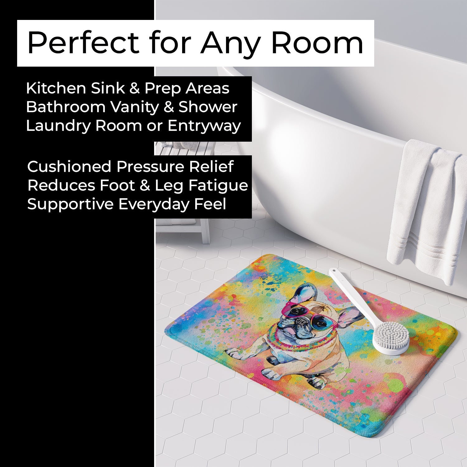 French Bulldog Hippie Dawg Memory Foam Kitchen Mat Machine Washable Anti-Fatigue Cushion Comfort Bath or Kitchen Rug