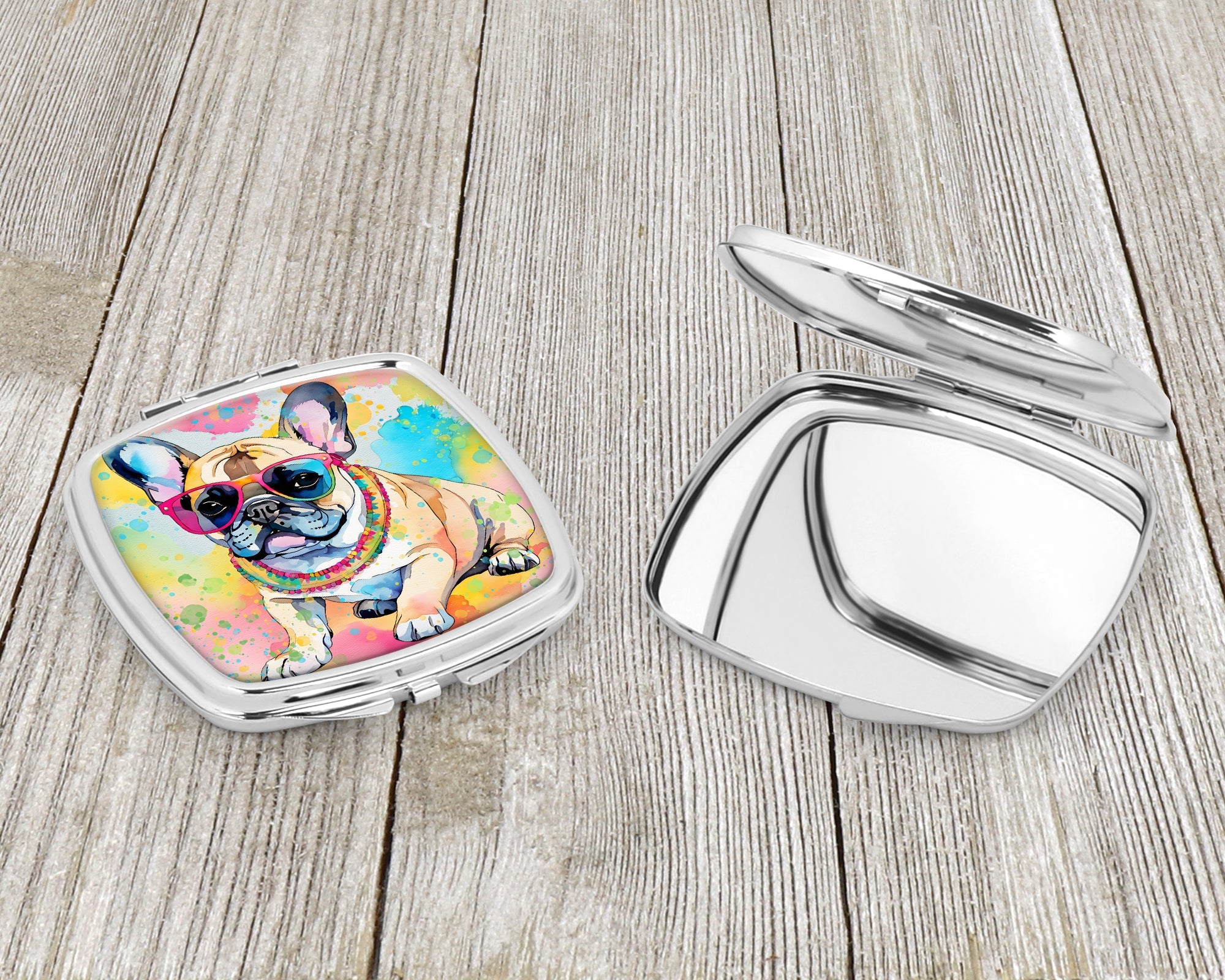 French Bulldog Hippie Dawg Compact Mirror Decorative Travel Makeup Mirror for Women Girls Gifts Pocket Makeup Mirror Folding Handheld