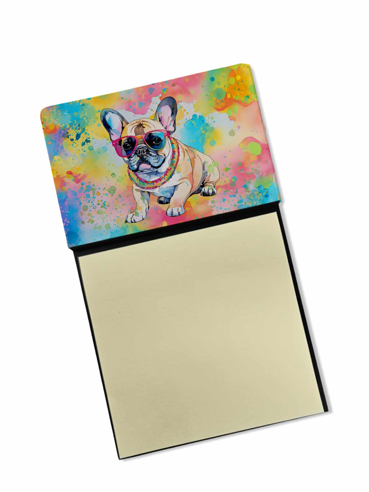 French Bulldog Hippie Dawg Watercolor Sticky Note Holder Refillable Dispenser Desk Accessory 3x3 Pad Gift