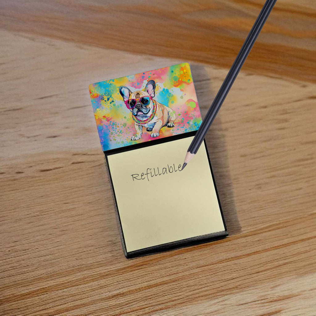 French Bulldog Hippie Dawg Watercolor Sticky Note Holder Refillable Dispenser Desk Accessory 3x3 Pad Gift