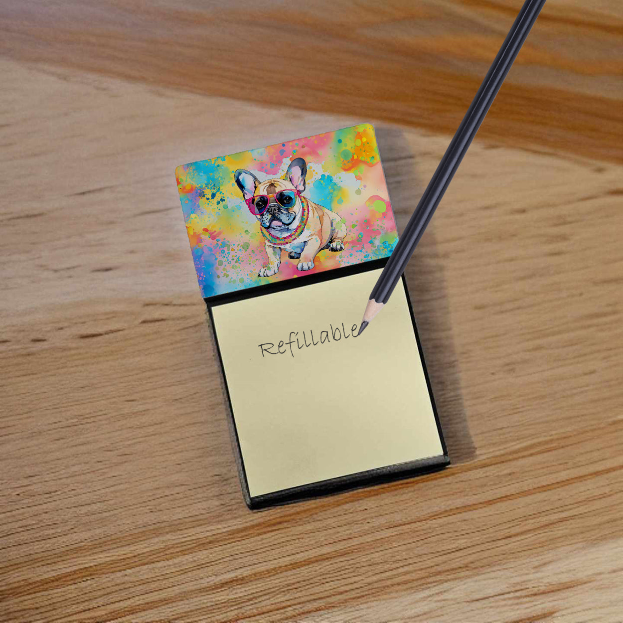French Bulldog Hippie Dawg Watercolor Sticky Note Holder Refillable Dispenser Desk Accessory 3x3 Pad Gift