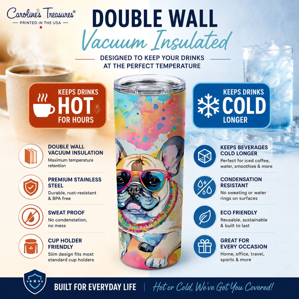 French Bulldog Hippie Dawg Stainless Steel Skinny Tumbler 20 oz Vacuum Double Walled Reusable Insulated Travel Cup