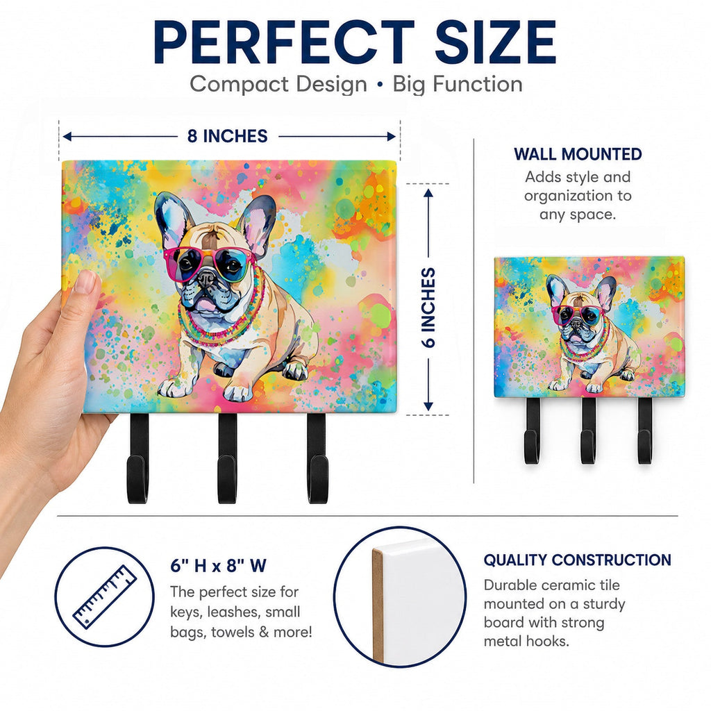 French Bulldog Hippie Dawg Leash or Key Holder Wall Hooks, Coat Rack Wall Mount, for Hanging Keys, Towels, Aprons, Leashes