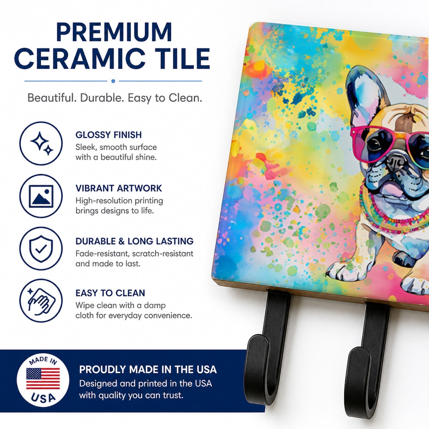 French Bulldog Hippie Dawg Leash or Key Holder Wall Hooks, Coat Rack Wall Mount, for Hanging Keys, Towels, Aprons, Leashes
