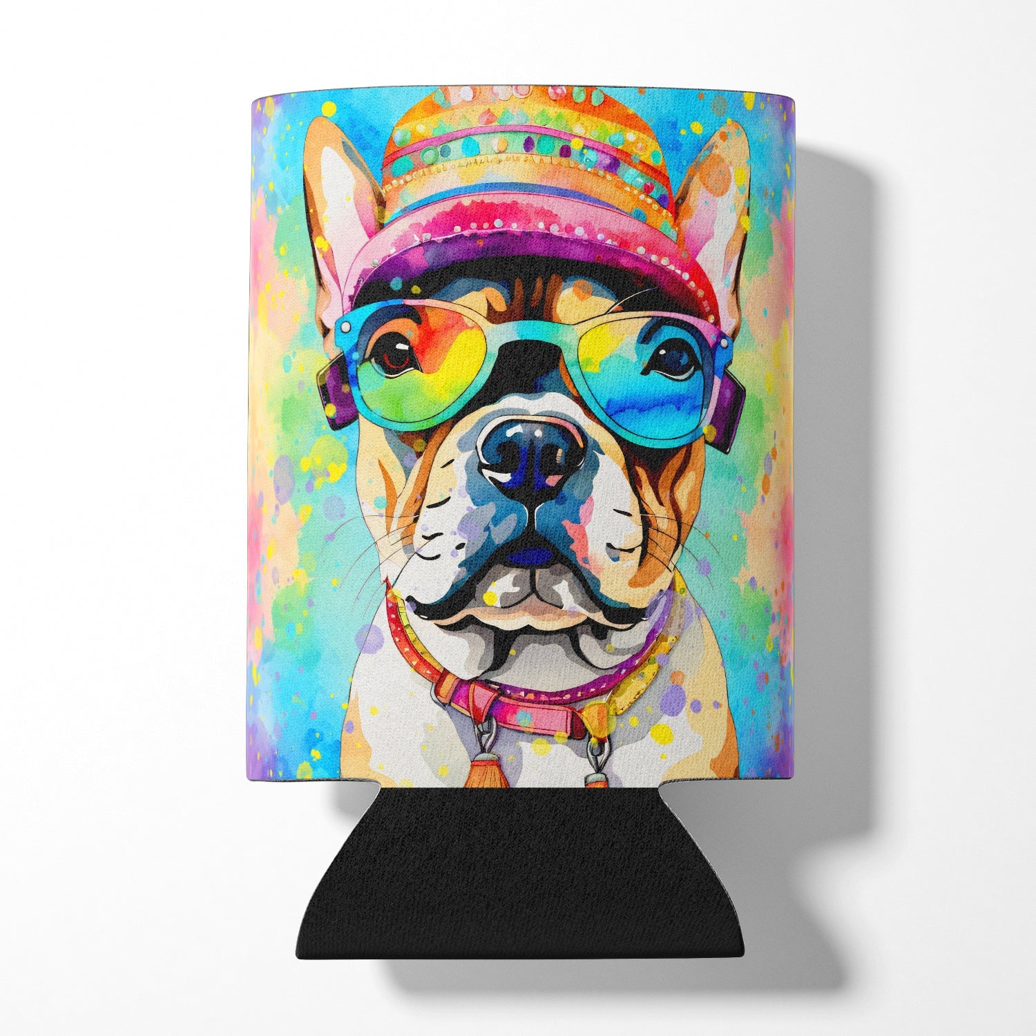 French Bulldog Hippie Dawg Can or Bottle Hugger Cooler Sleeve for Standard 12 oz Cans, Insulated Foam Beer & Soda Can Hugger Reusable