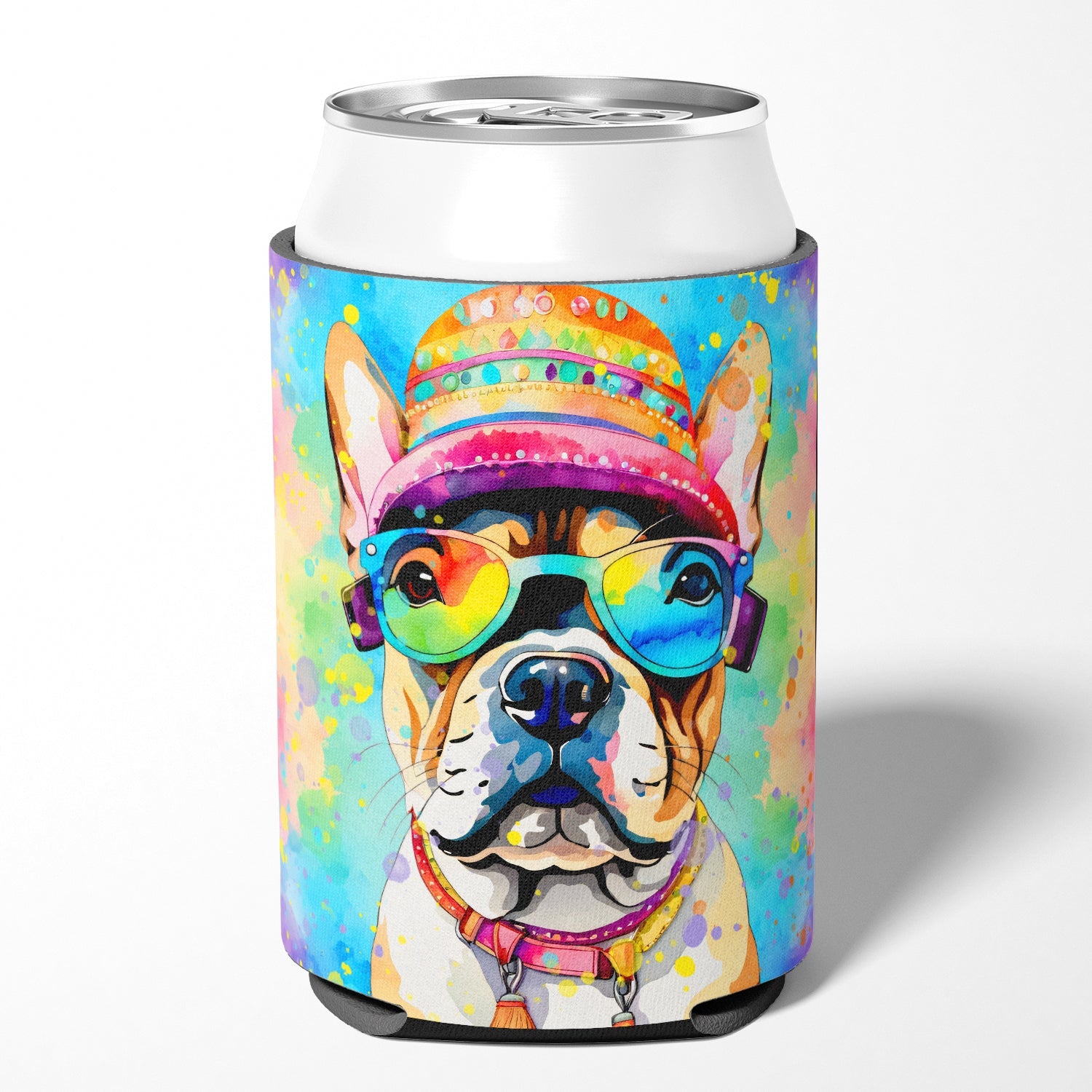 French Bulldog Hippie Dawg Can or Bottle Hugger Cooler Sleeve for Standard 12 oz Cans, Insulated Foam Beer & Soda Can Hugger Reusable