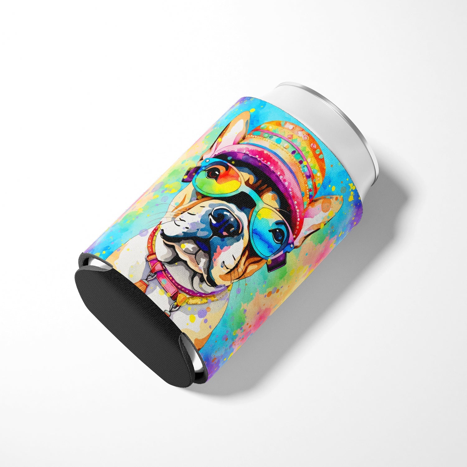 French Bulldog Hippie Dawg Can or Bottle Hugger Cooler Sleeve for Standard 12 oz Cans, Insulated Foam Beer & Soda Can Hugger Reusable