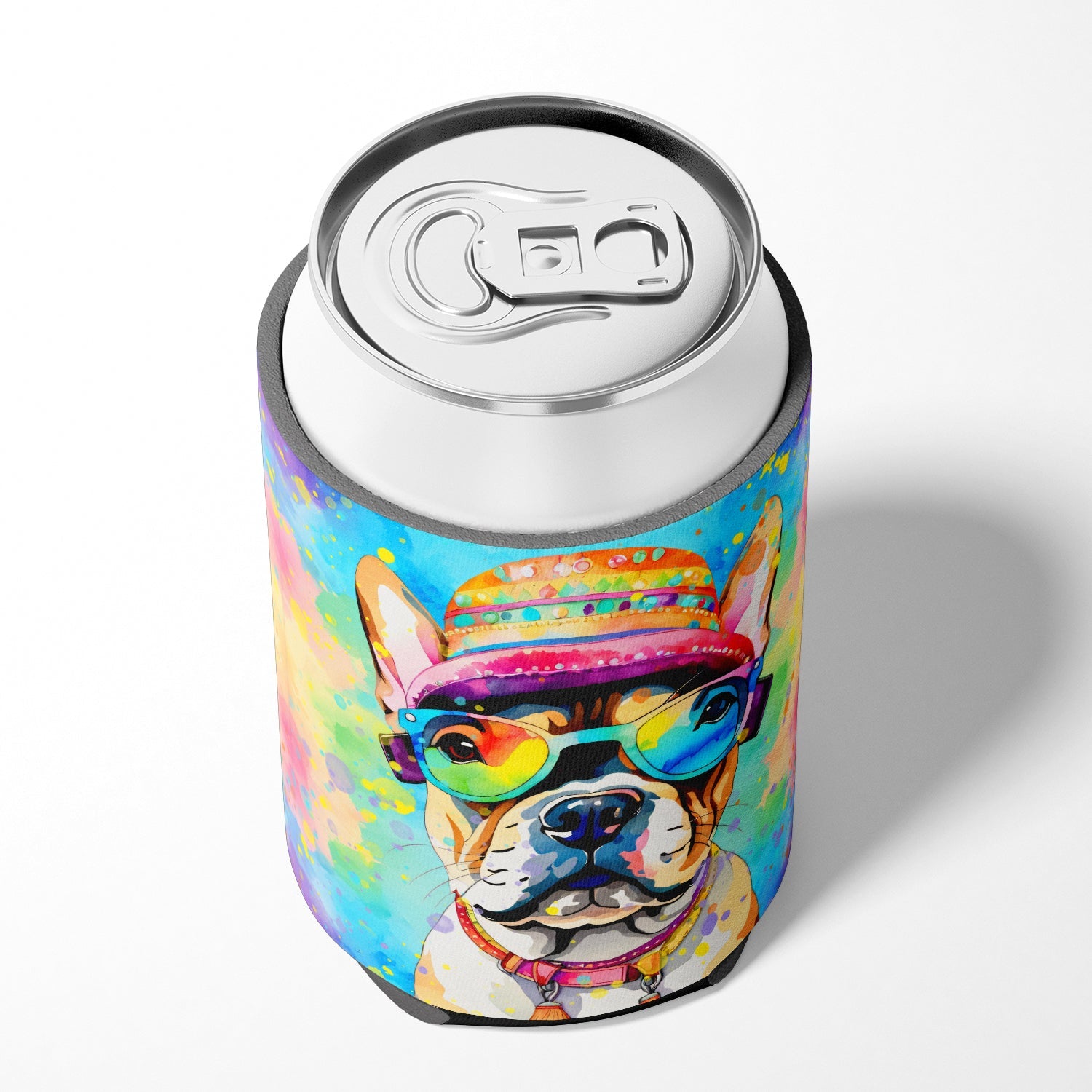 French Bulldog Hippie Dawg Can or Bottle Hugger Cooler Sleeve for Standard 12 oz Cans, Insulated Foam Beer & Soda Can Hugger Reusable