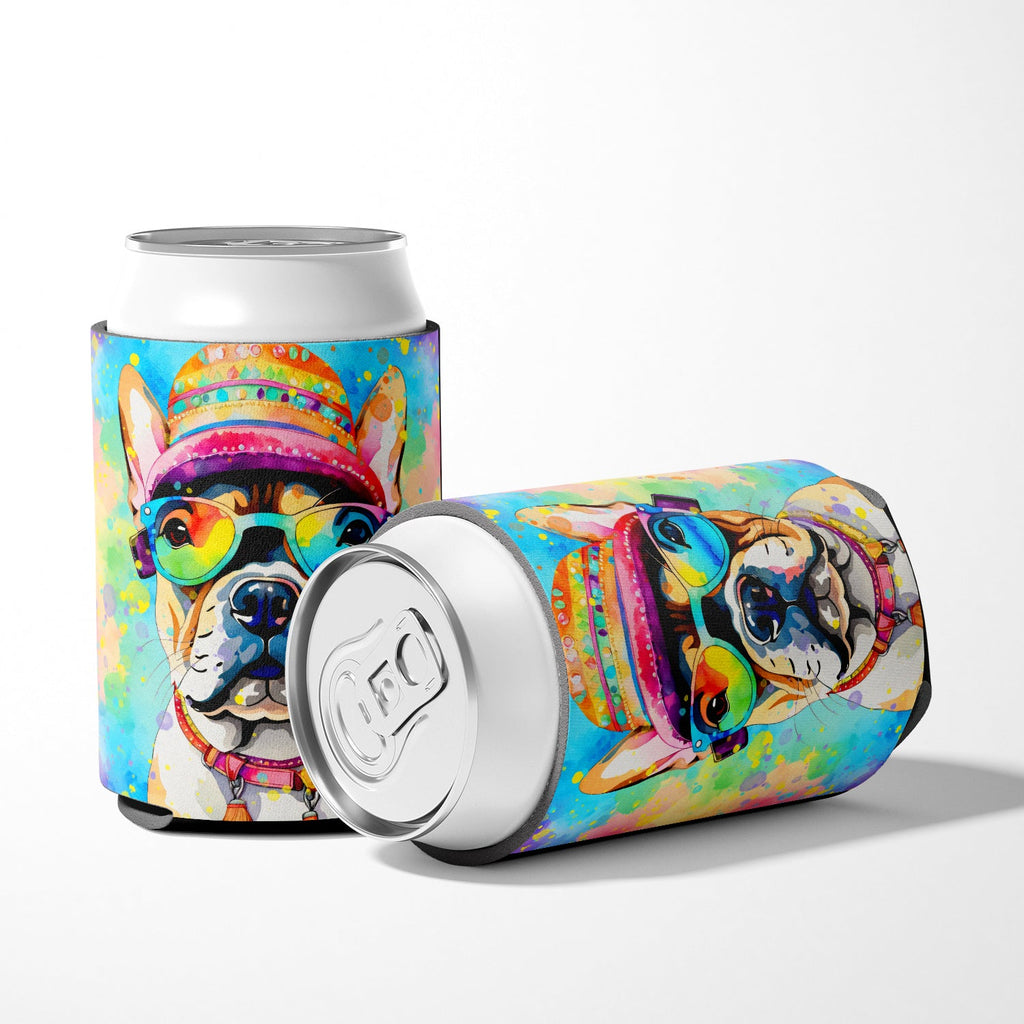 French Bulldog Hippie Dawg Can or Bottle Hugger Cooler Sleeve for Standard 12 oz Cans, Insulated Foam Beer & Soda Can Hugger Reusable