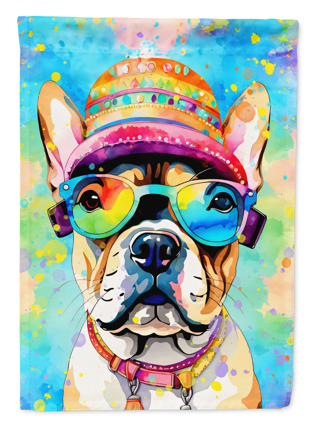 French Bulldog Hippie Dawg House Flag 28x40 Porch Sleeve Pole Decorative Outside Yard Banner Artwork Wall Hanging, Polyester