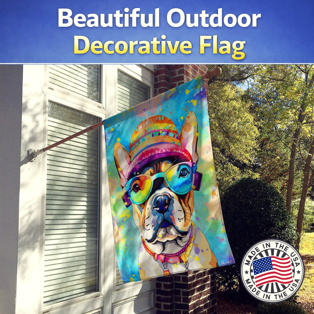 French Bulldog Hippie Dawg House Flag 28x40 Porch Sleeve Pole Decorative Outside Yard Banner Artwork Wall Hanging, Polyester