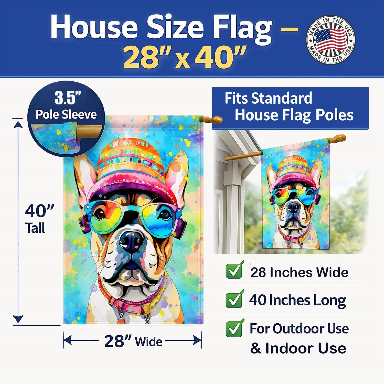 French Bulldog Hippie Dawg House Flag 28x40 Porch Sleeve Pole Decorative Outside Yard Banner Artwork Wall Hanging, Polyester