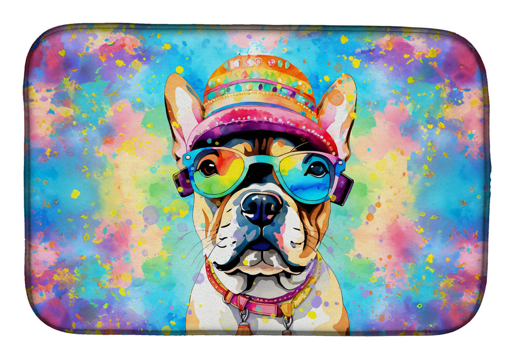 French Bulldog Hippie Dawg Dish Drying Mat Absorbent Dish Drying Mat Pad for Kitchen Counter Dish Drainer Mat for Countertop, 14 x 21", Multicolor