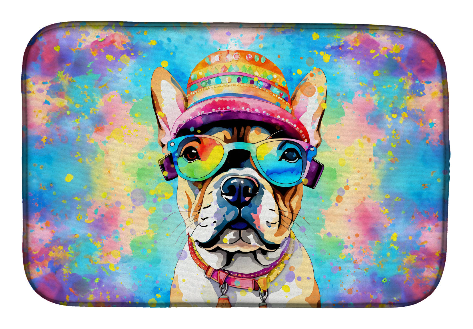 French Bulldog Hippie Dawg Dish Drying Mat Absorbent Dish Drying Mat Pad for Kitchen Counter Dish Drainer Mat for Countertop, 14 x 21", Multicolor