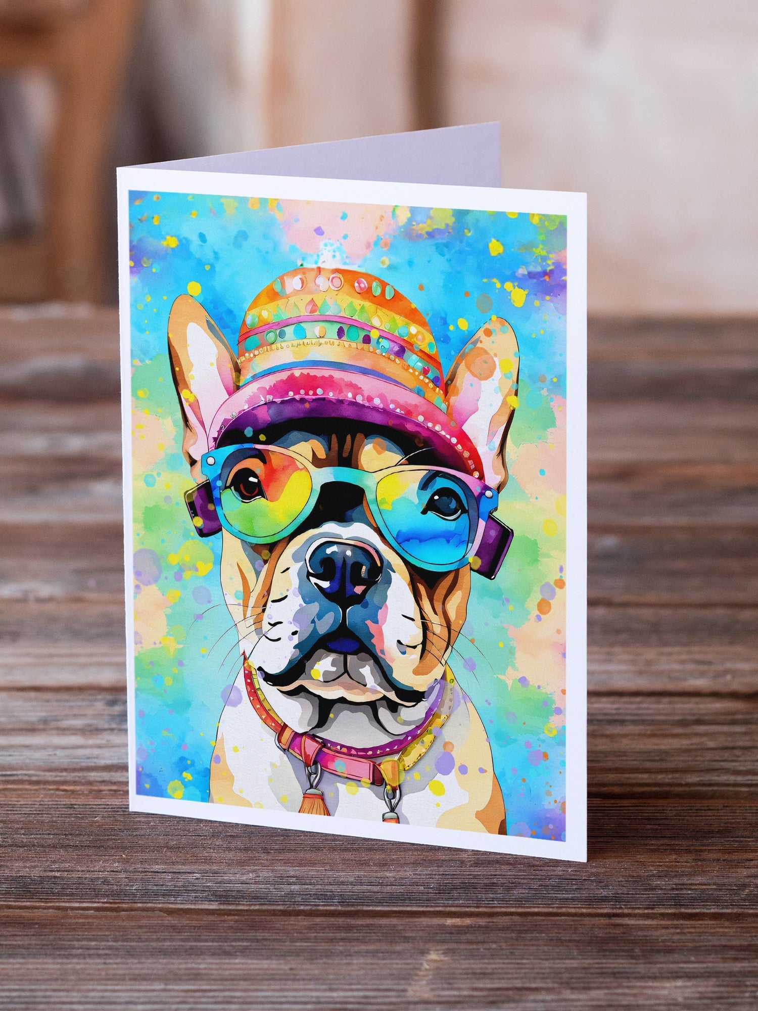 French Bulldog Hippie Dawg Greeting Cards Pack of 8 Blank Cards with Envelopes Whimsical A7 Size 5x7