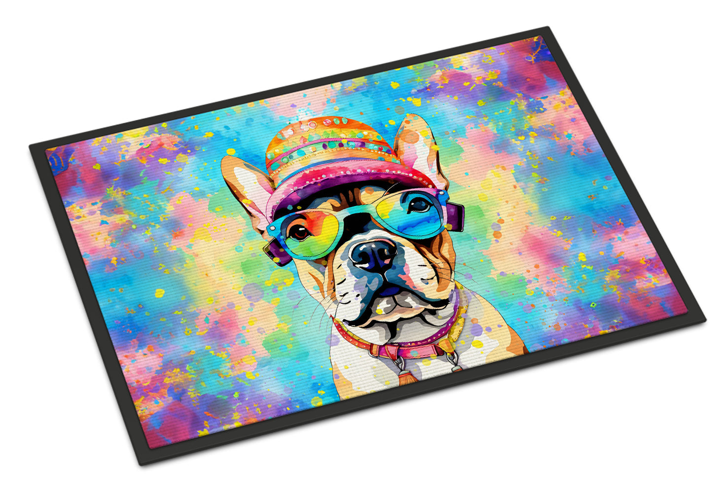 French Bulldog Hippie Dawg Doormat Indoor Outdoor 24H X 36W Front Door Mat Rugs for Entryway, Non Slip Washable Low Pile,