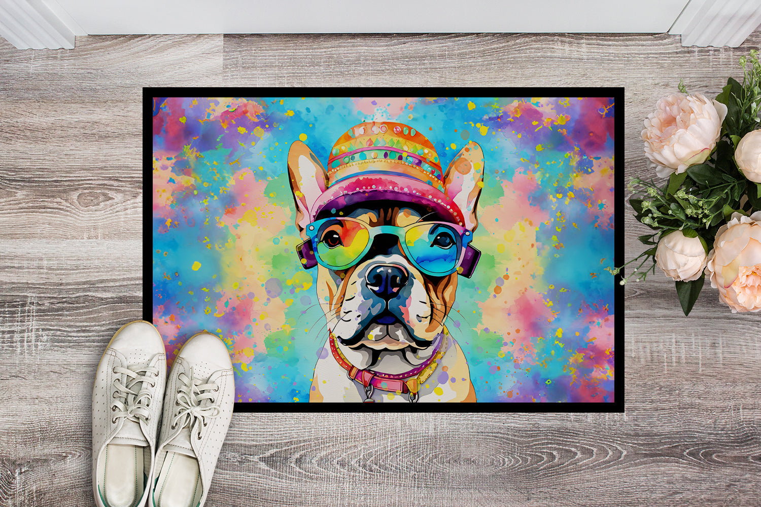 French Bulldog Hippie Dawg Doormat Indoor Outdoor 24H X 36W Front Door Mat Rugs for Entryway, Non Slip Washable Low Pile,