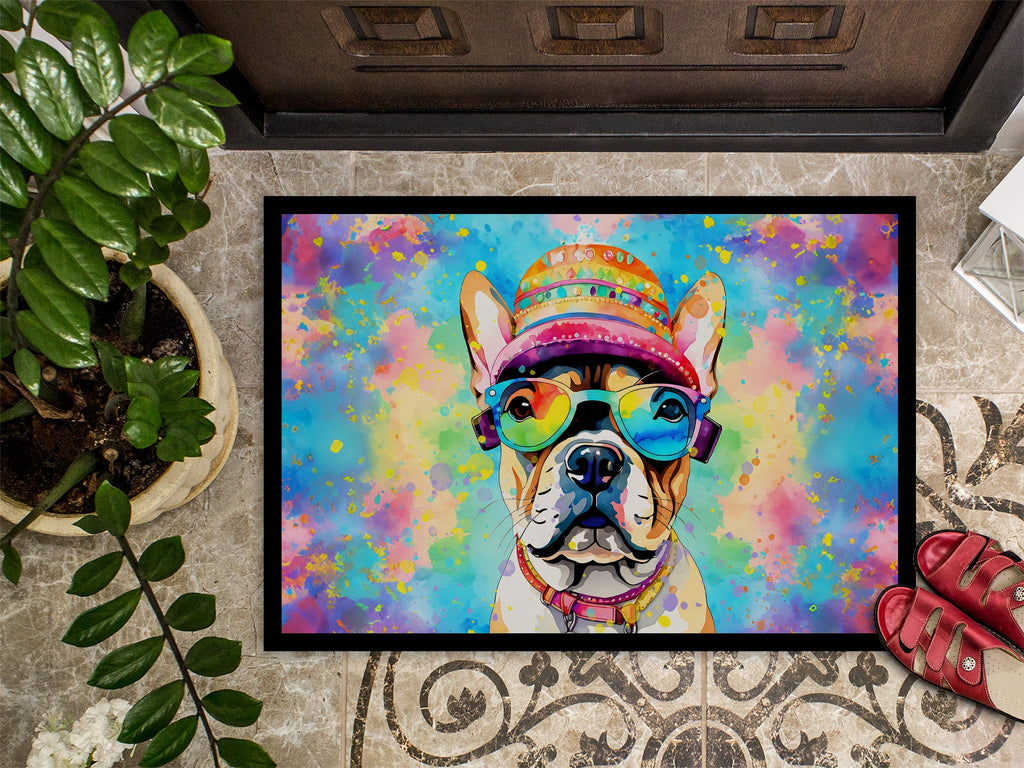French Bulldog Hippie Dawg Doormat Indoor Outdoor 24H X 36W Front Door Mat Rugs for Entryway, Non Slip Washable Low Pile,