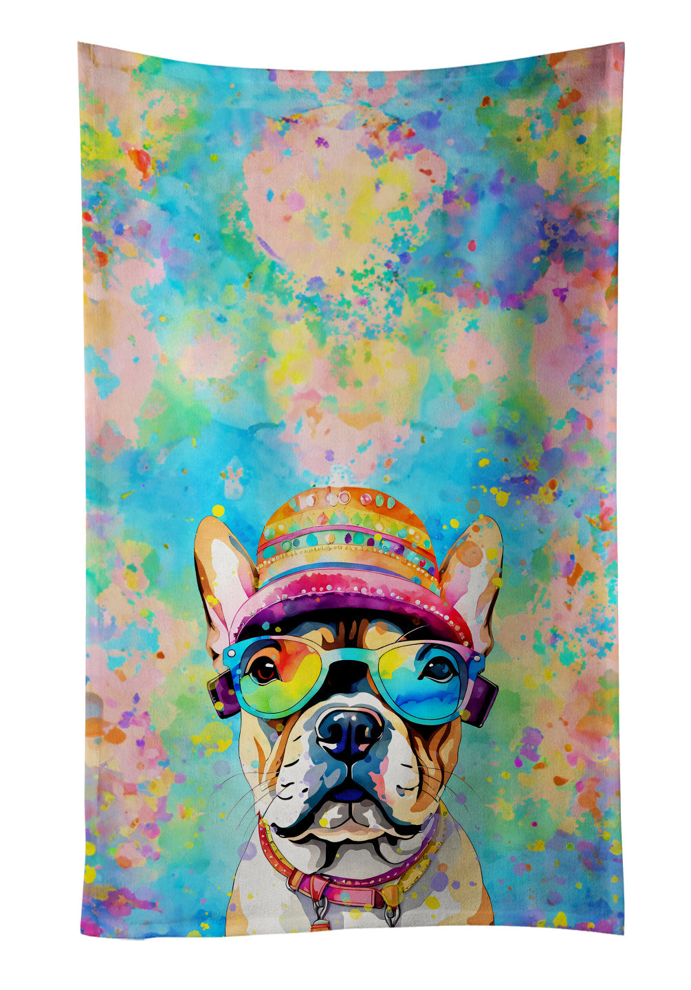 French Bulldog Hippie Dawg Kitchen Towel Velour Plush Front and Cotton Loop Back Machine Washable