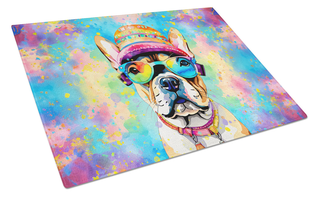 French Bulldog Hippie Dawg Cutting Board Tempered Glass Kitchen Cutting Surface, Heat Resistant Chopping, Non-Slip Feet, Food Prep & Serving