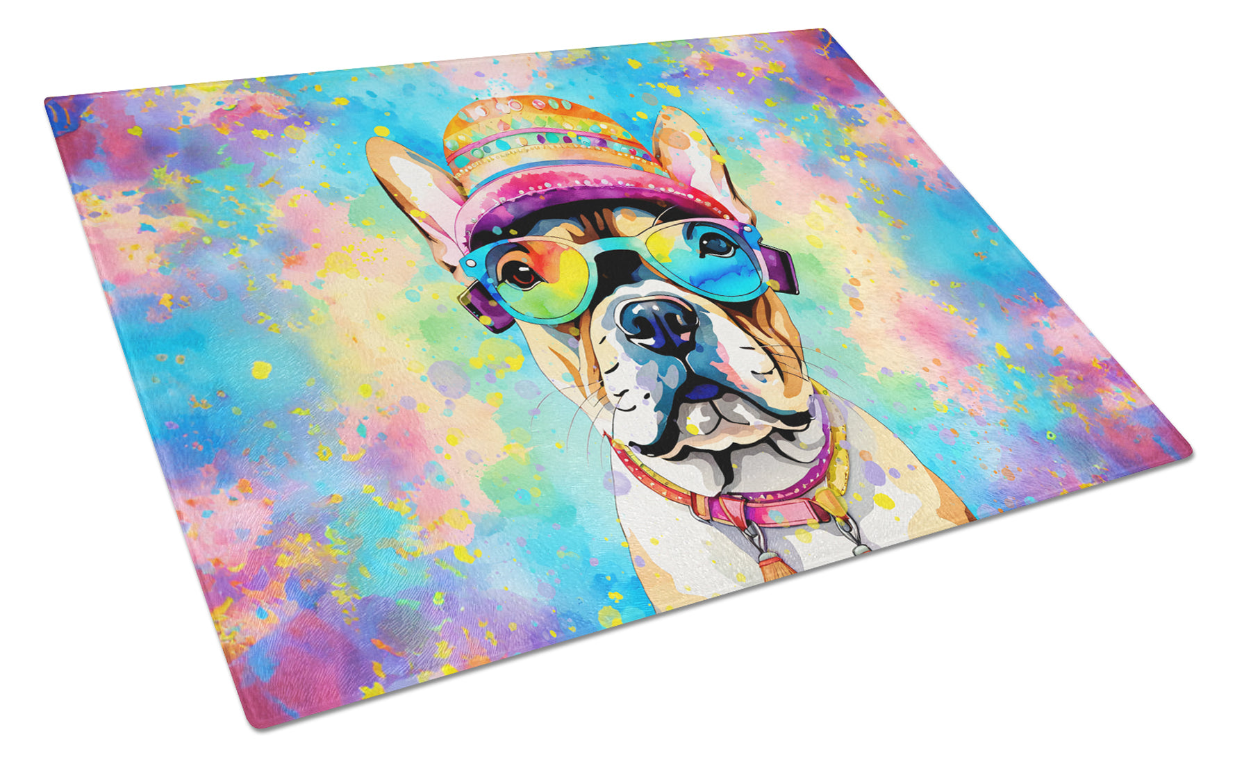 French Bulldog Hippie Dawg Cutting Board Tempered Glass Kitchen Cutting Surface, Heat Resistant Chopping, Non-Slip Feet, Food Prep & Serving