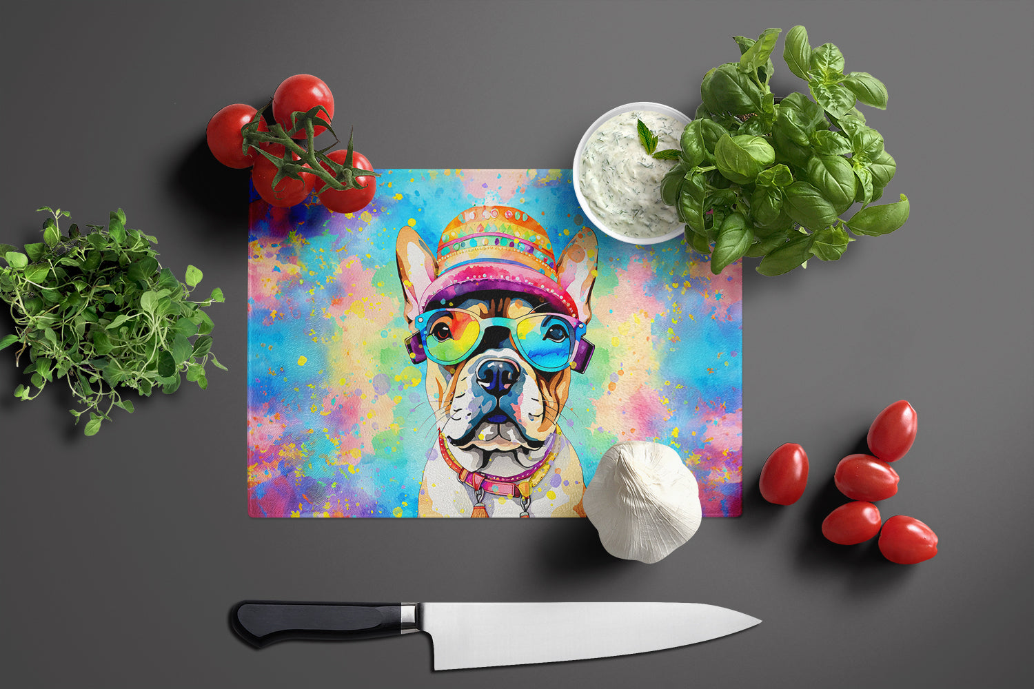 French Bulldog Hippie Dawg Cutting Board Tempered Glass Kitchen Cutting Surface, Heat Resistant Chopping, Non-Slip Feet, Food Prep & Serving