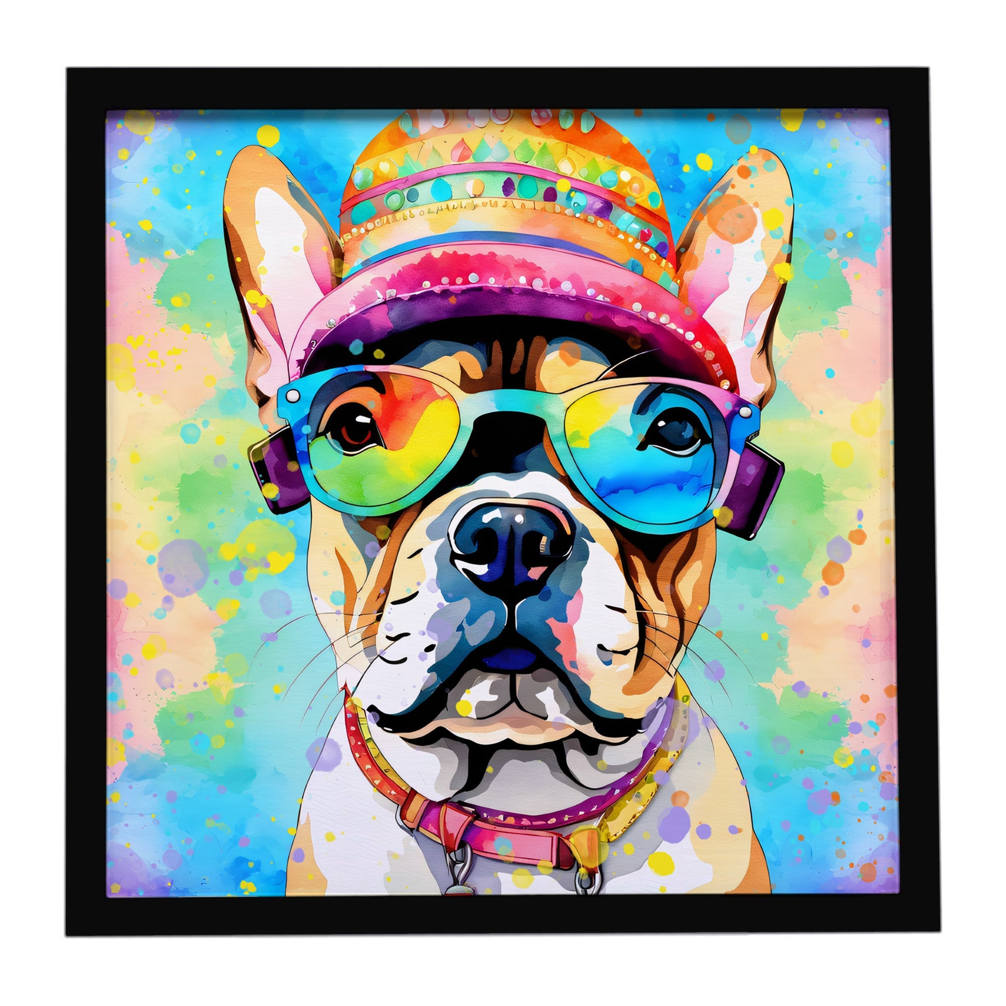 French Bulldog Hippie Dawg Framed Metal Print Bathroom, Kitchen, Office, Home Decor Wall Art Ready to Hang, Square, 8X8