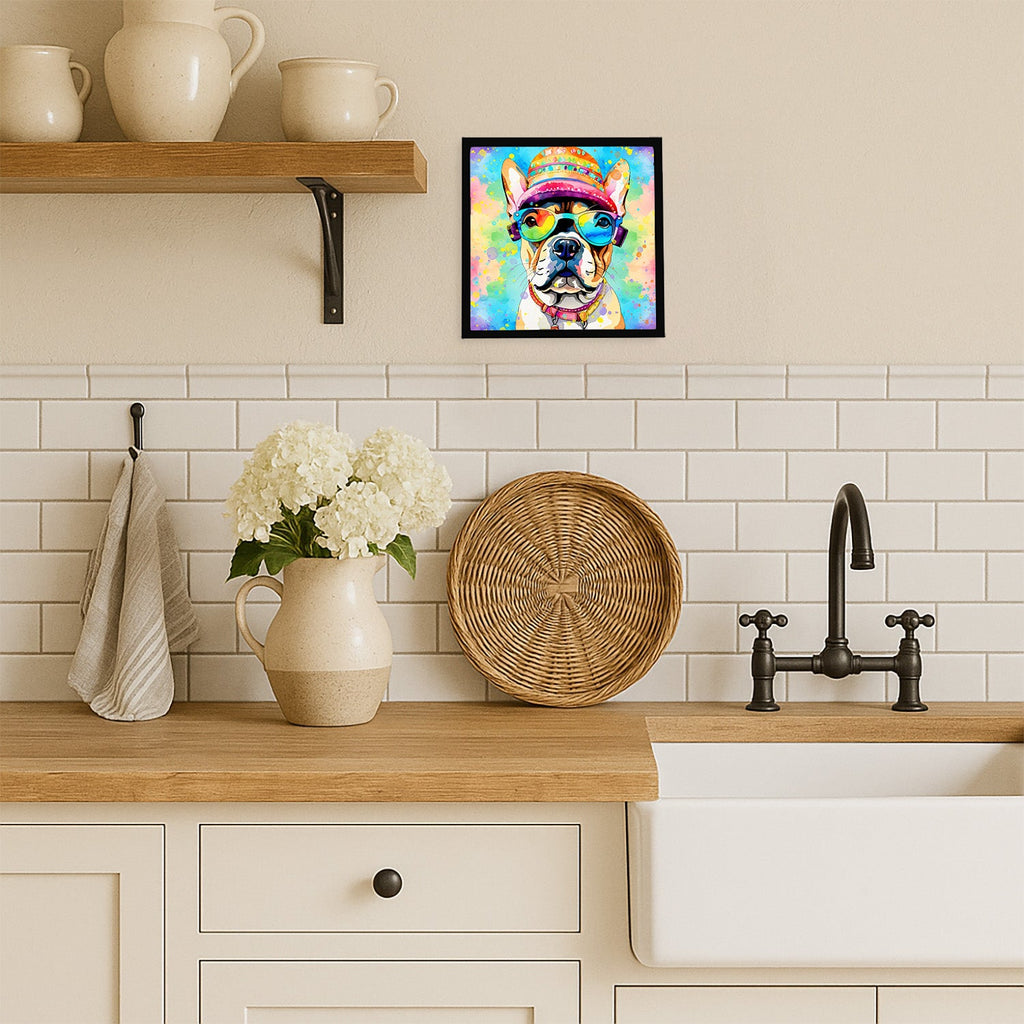 French Bulldog Hippie Dawg Framed Metal Print Bathroom, Kitchen, Office, Home Decor Wall Art Ready to Hang, Square, 8X8