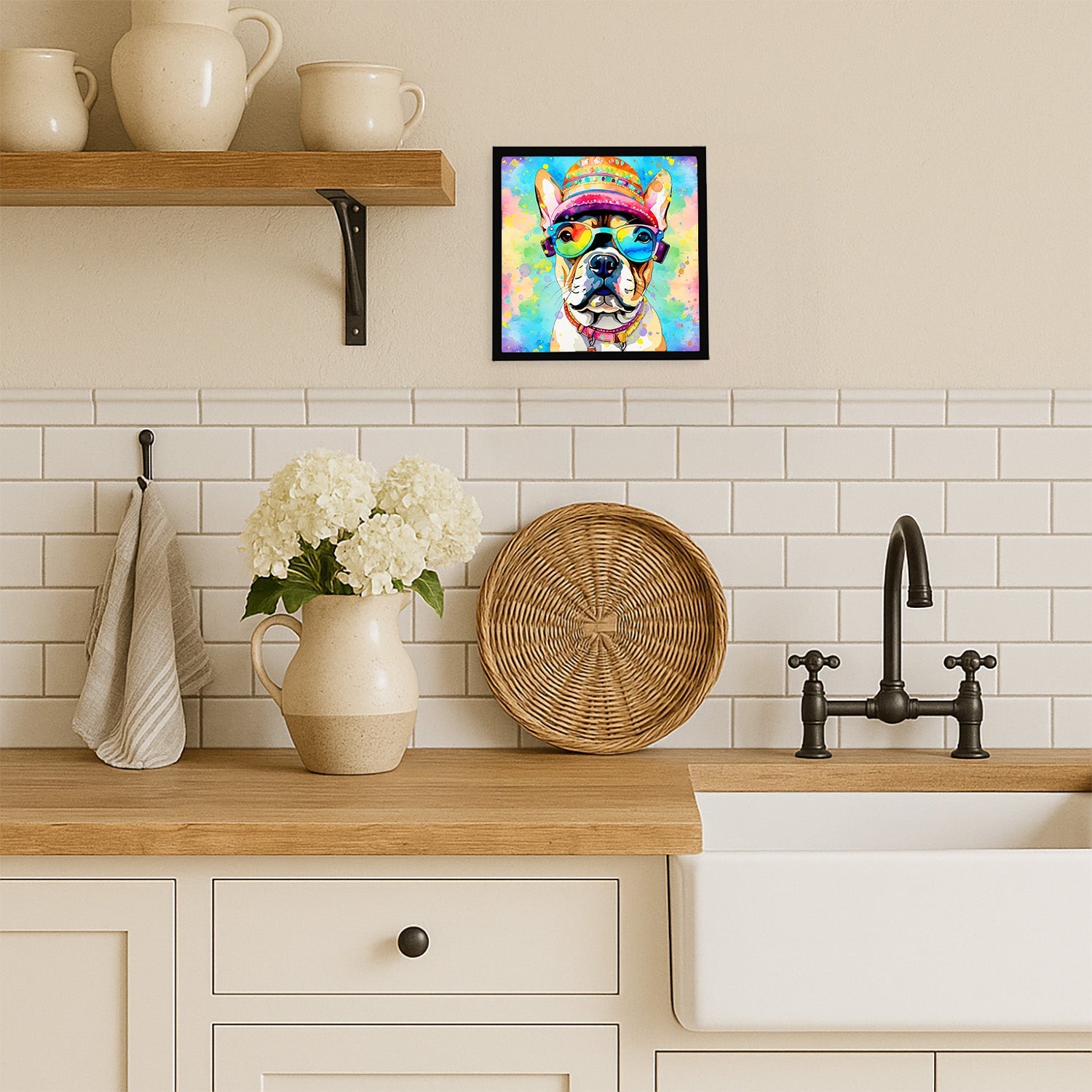 French Bulldog Hippie Dawg Framed Metal Print Bathroom, Kitchen, Office, Home Decor Wall Art Ready to Hang, Square, 8X8