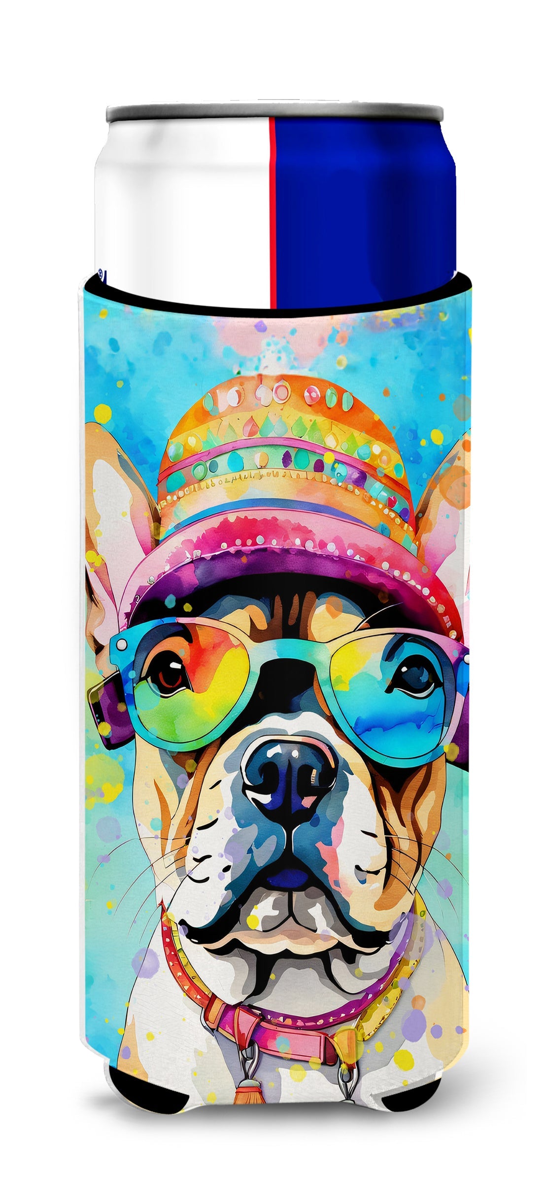 French Bulldog Hippie Dawg Slim Can Hugger , Insulated Foam Hugger for 12 oz Slim Cans, Beer Bottles & Water Bottles, Printed in USA