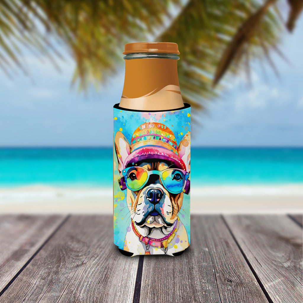 French Bulldog Hippie Dawg Slim Can Hugger , Insulated Foam Hugger for 12 oz Slim Cans, Beer Bottles & Water Bottles, Printed in USA