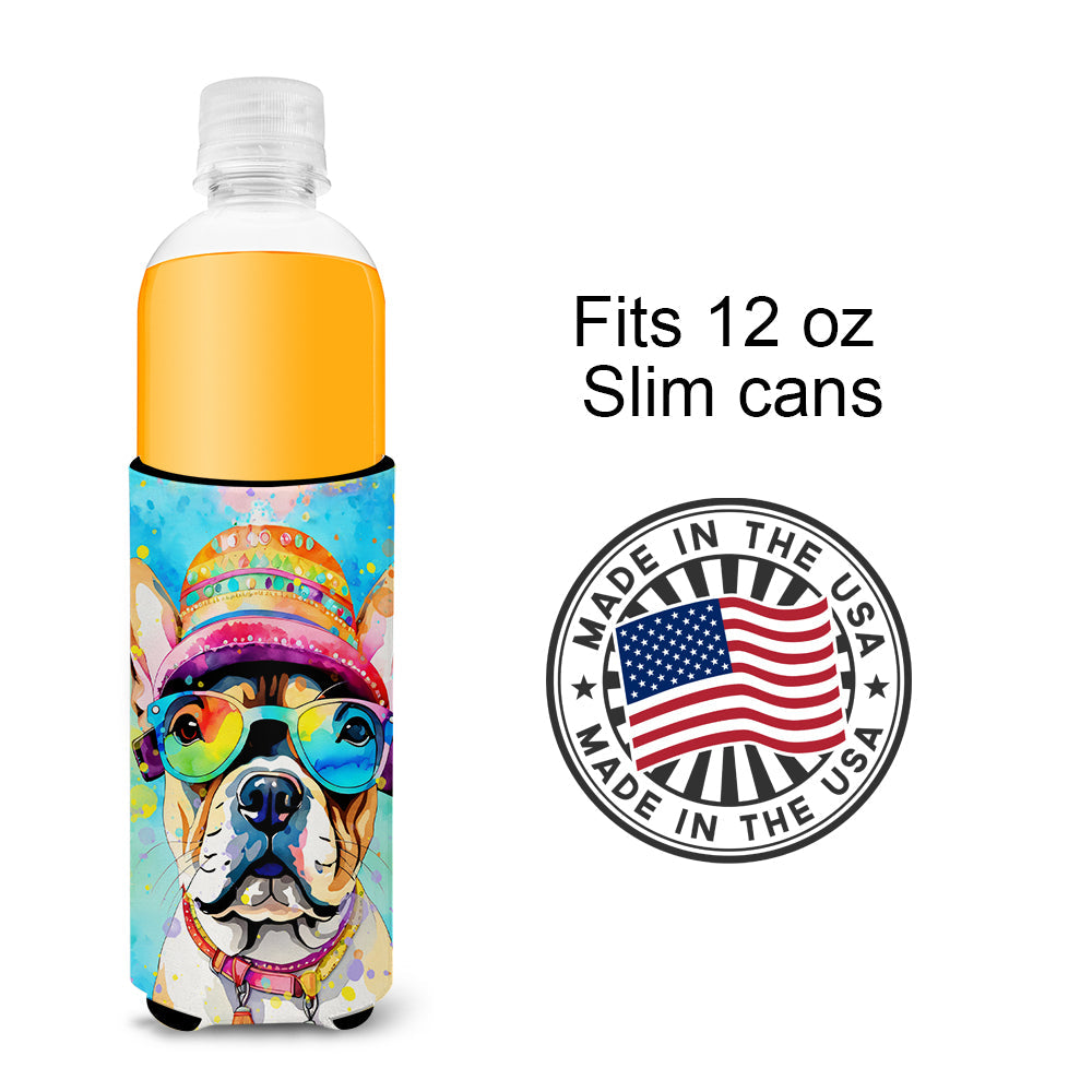 French Bulldog Hippie Dawg Slim Can Hugger , Insulated Foam Hugger for 12 oz Slim Cans, Beer Bottles & Water Bottles, Printed in USA