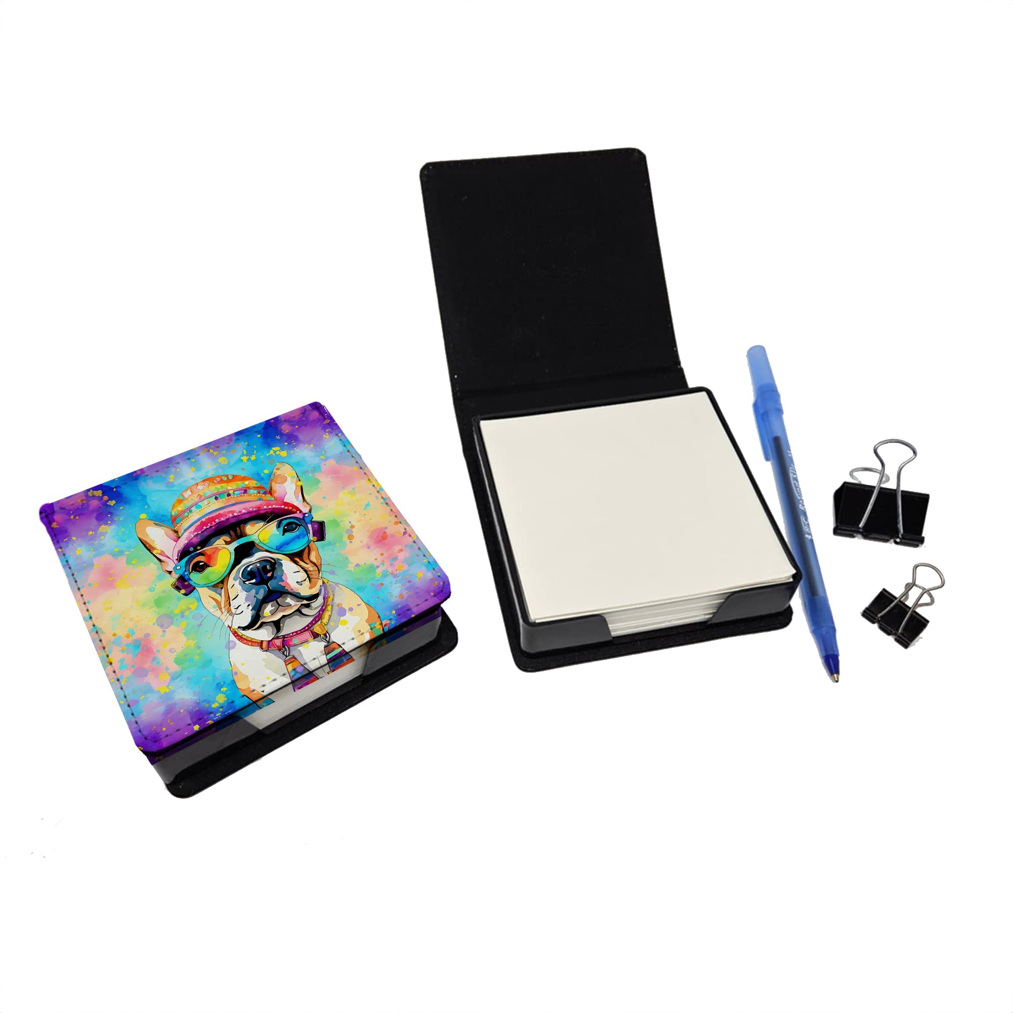 French Bulldog Hippie Dawg PU Leather Note Paper Holder with Artist-Designed Cover, Desk Accessory, Office Gift