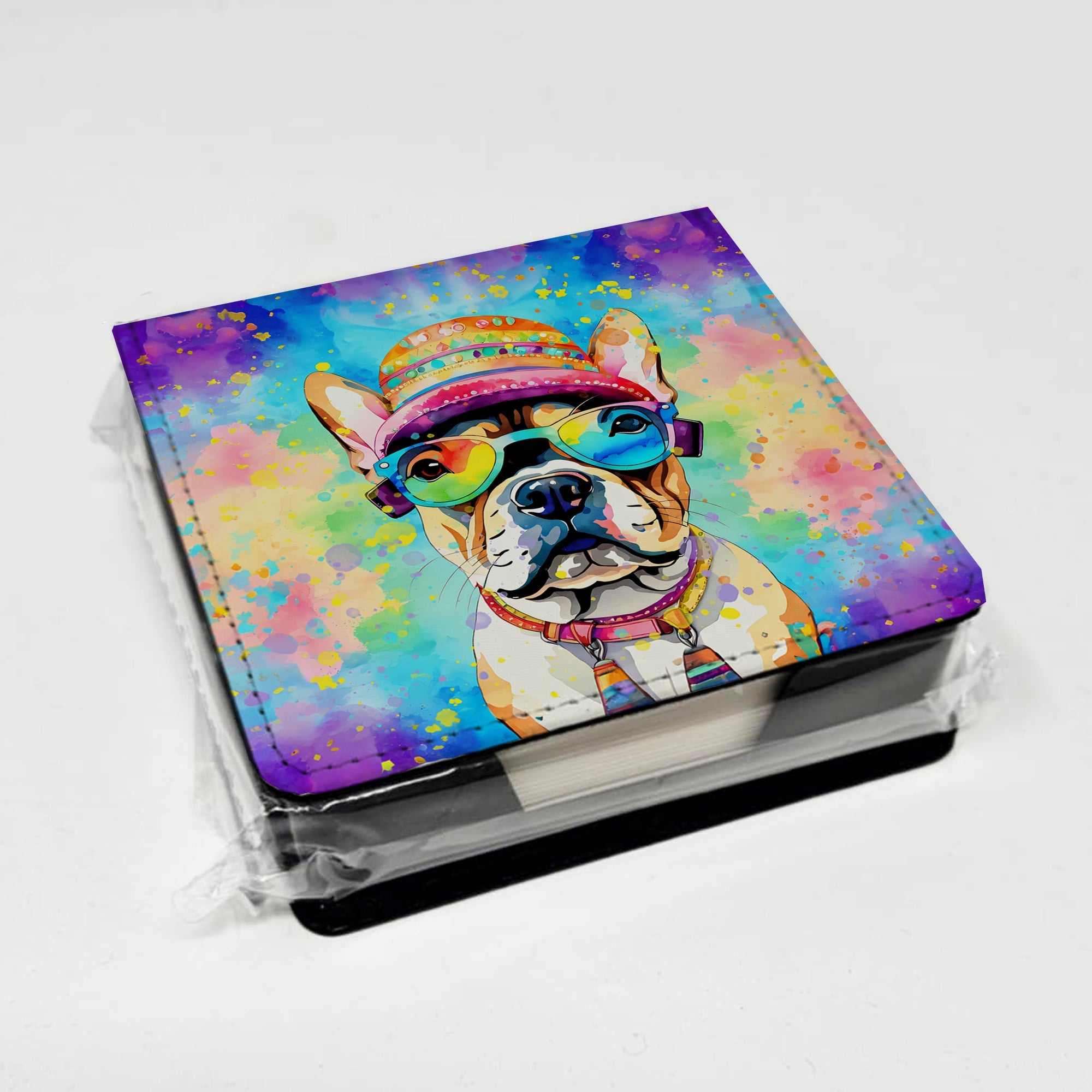 French Bulldog Hippie Dawg PU Leather Note Paper Holder with Artist-Designed Cover, Desk Accessory, Office Gift
