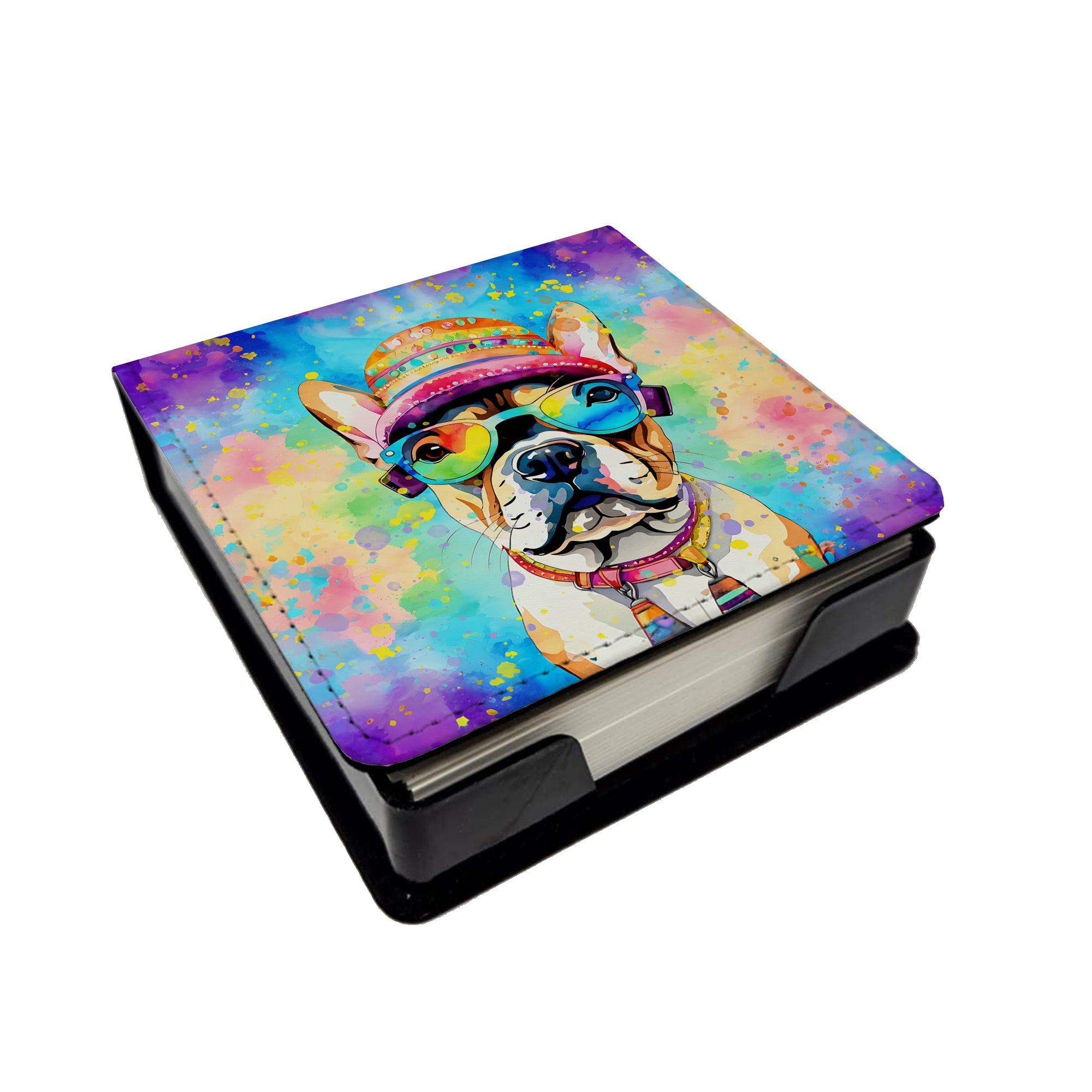 French Bulldog Hippie Dawg PU Leather Note Paper Holder with Artist-Designed Cover, Desk Accessory, Office Gift