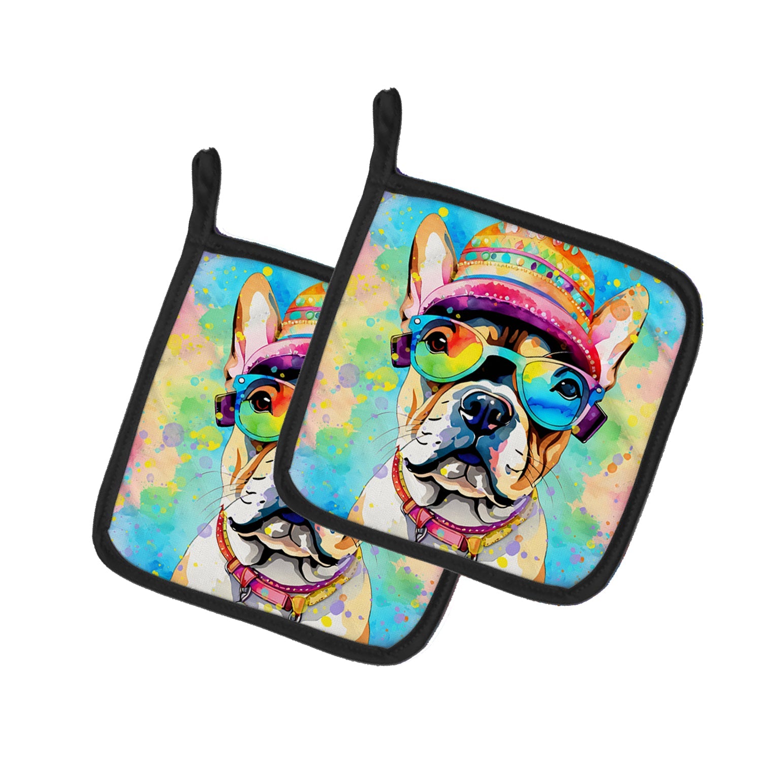 French Bulldog Hippie Dawg Pot Holder Set of 2 Heat Resistant Quilted Hot Pads 7.5 x 7.5 Inch, Insulated Kitchen Trivets for Cooking & Baking