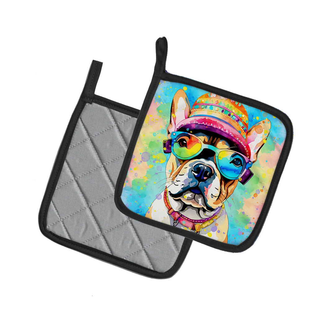 French Bulldog Hippie Dawg Pot Holder Set of 2 Heat Resistant Quilted Hot Pads 7.5 x 7.5 Inch, Insulated Kitchen Trivets for Cooking & Baking