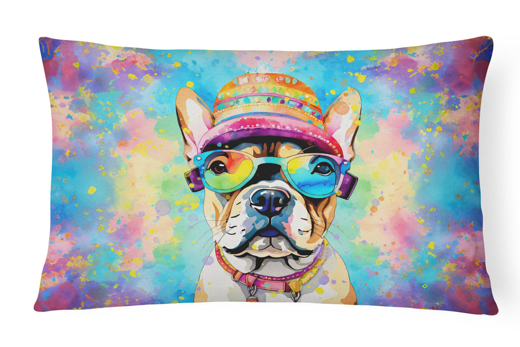 French Bulldog Hippie Dawg Decorative Throw Pillow 12x16 Indoor Outdoor Accent Cushion, Fabric Cover with Insert for Sofa, Bed, Porch & Living Room