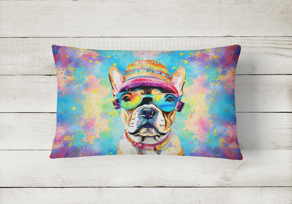 French Bulldog Hippie Dawg Decorative Throw Pillow 12x16 Indoor Outdoor Accent Cushion, Fabric Cover with Insert for Sofa, Bed, Porch & Living Room