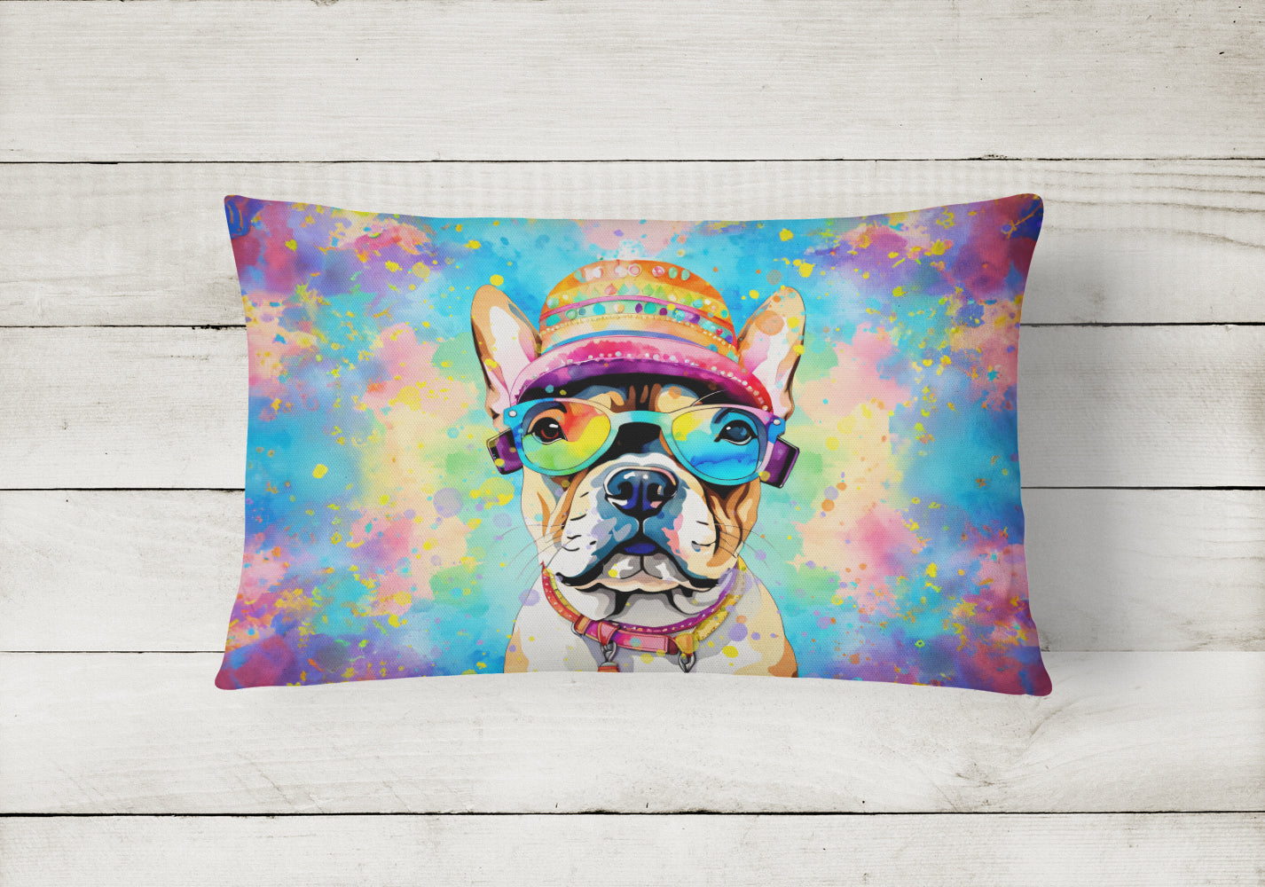 French Bulldog Hippie Dawg Decorative Throw Pillow 12x16 Indoor Outdoor Accent Cushion, Fabric Cover with Insert for Sofa, Bed, Porch & Living Room