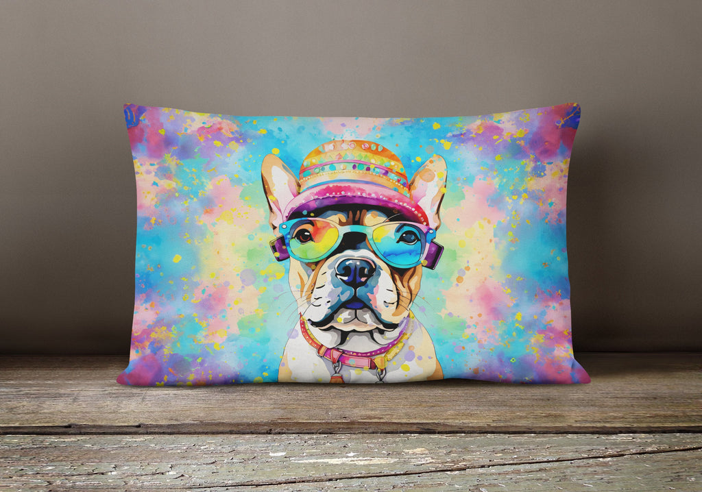 French Bulldog Hippie Dawg Decorative Throw Pillow 12x16 Indoor Outdoor Accent Cushion, Fabric Cover with Insert for Sofa, Bed, Porch & Living Room
